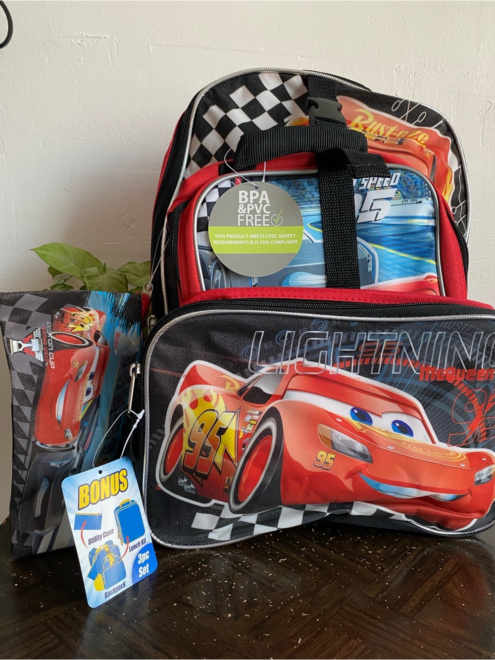 NWT Lightning McQueen Red Kids Backpack with Lunch Bag & Utility Case O/S